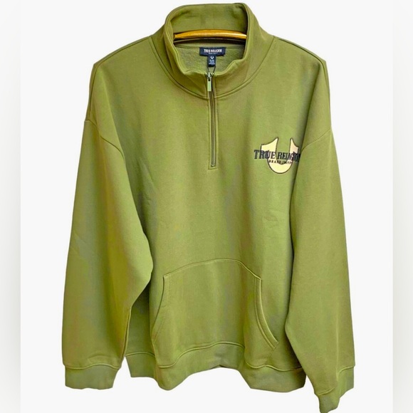 Men’s True Religion Green Relaxed Mock Quarter Zip Fleece Pullover- NWT - Picture 2 of 11
